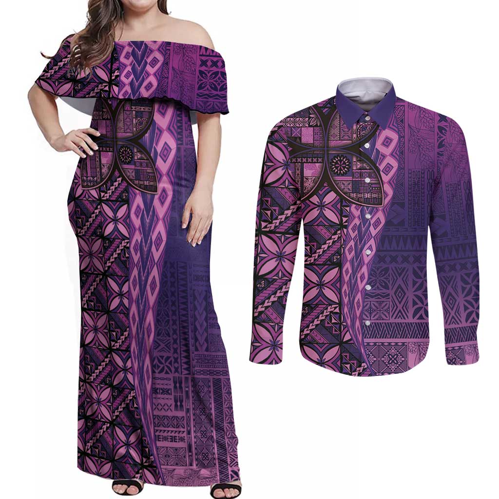 Samoan Pacific Tribal Flower Geometric Art Tattoos Couples Matching Off Shoulder Maxi Dress and Long Sleeve Button Shirt Siapo Pattern Purple Haze - Polynesian Pride
