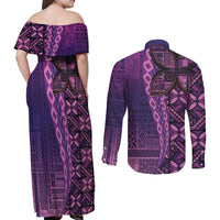 Samoan Pacific Tribal Flower Geometric Art Tattoos Couples Matching Off Shoulder Maxi Dress and Long Sleeve Button Shirt Siapo Pattern Purple Haze - Polynesian Pride