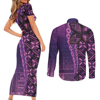 Samoan Pacific Tribal Flower Geometric Art Tattoos Couples Matching Short Sleeve Bodycon Dress and Long Sleeve Button Shirt Siapo Pattern Purple Haze - Polynesian Pride