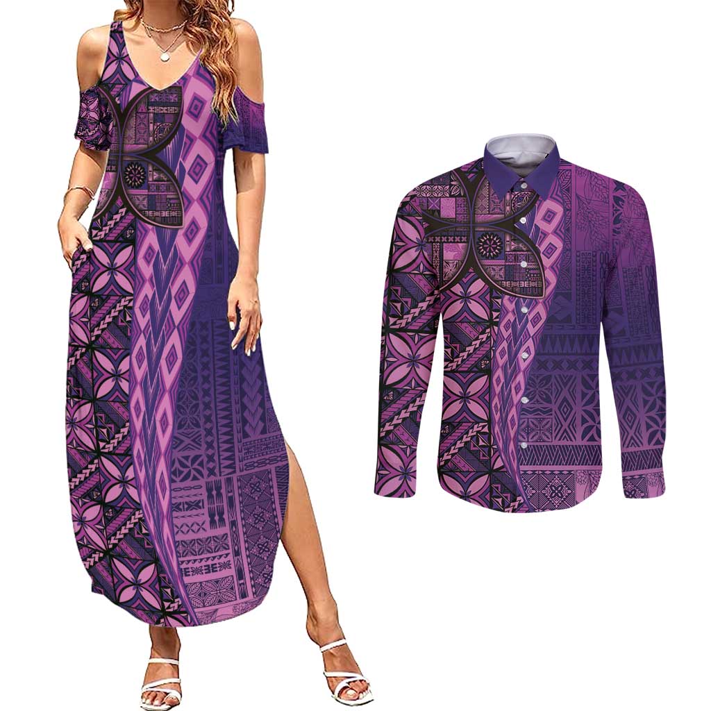 Samoan Pacific Tribal Flower Geometric Art Tattoos Couples Matching Summer Maxi Dress and Long Sleeve Button Shirt Siapo Pattern Purple Haze - Polynesian Pride