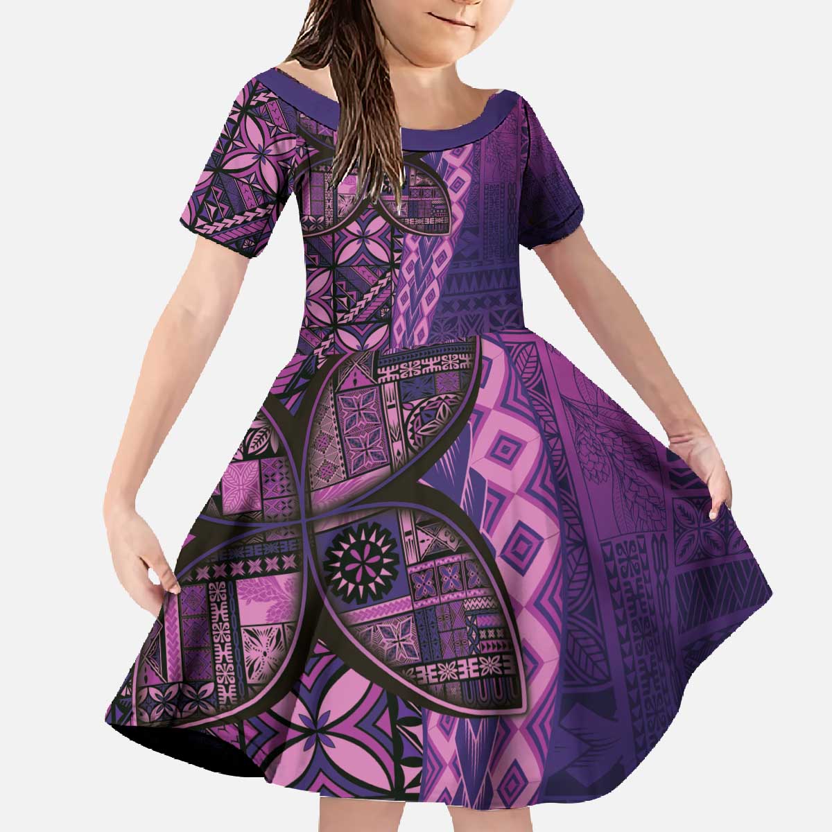 Samoan Pacific Tribal Flower Geometric Art Tattoos Family Matching Off The Shoulder Long Sleeve Dress and Hawaiian Shirt Siapo Pattern Purple Haze - Polynesian Pride