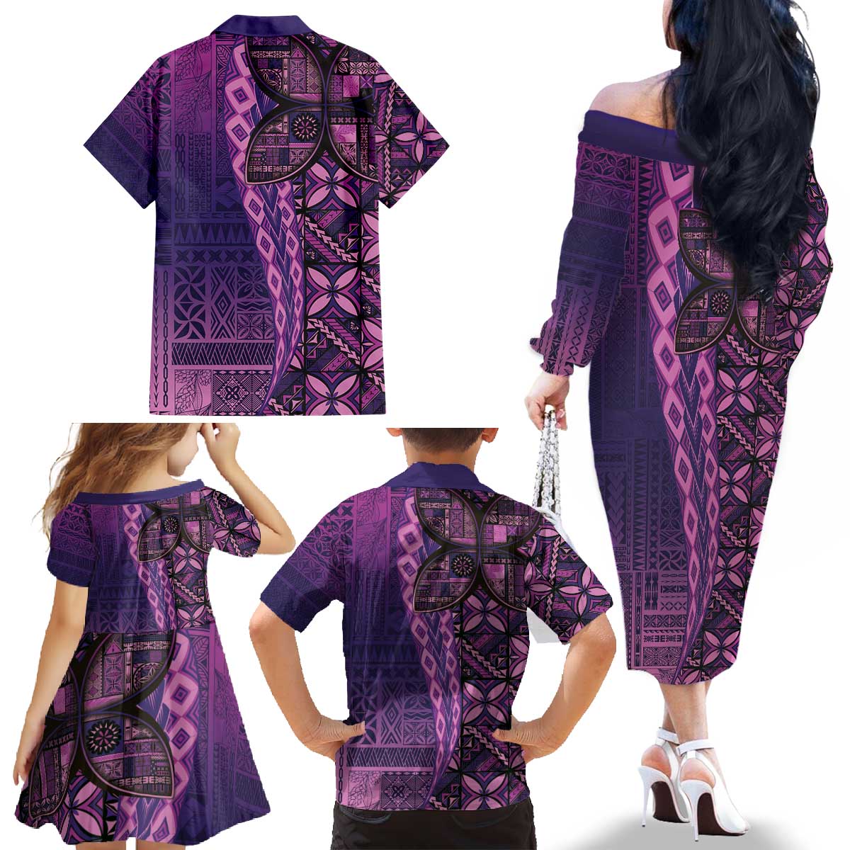 Samoan Pacific Tribal Flower Geometric Art Tattoos Family Matching Off The Shoulder Long Sleeve Dress and Hawaiian Shirt Siapo Pattern Purple Haze - Polynesian Pride