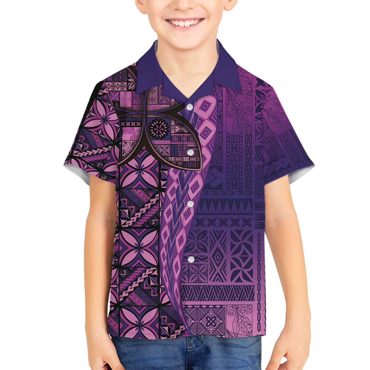 Samoan Pacific Tribal Flower Geometric Art Tattoos Family Matching Off The Shoulder Long Sleeve Dress and Hawaiian Shirt Siapo Pattern Purple Haze - Polynesian Pride