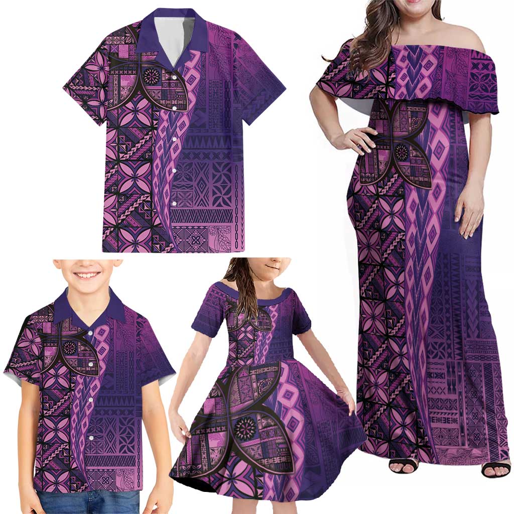 Samoan Pacific Tribal Flower Geometric Art Tattoos Family Matching Off Shoulder Maxi Dress and Hawaiian Shirt Siapo Pattern Purple Haze - Polynesian Pride