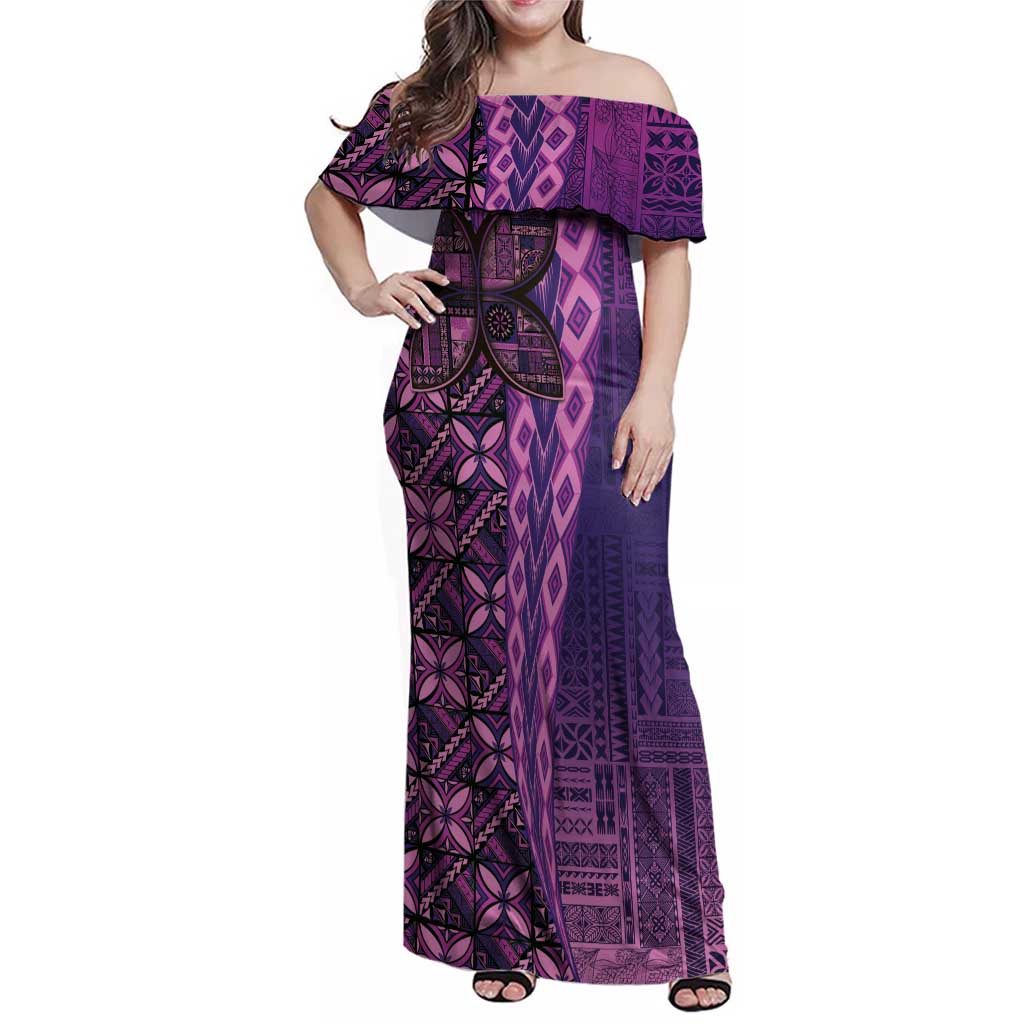 Samoan Pacific Tribal Flower Geometric Art Tattoos Family Matching Off Shoulder Maxi Dress and Hawaiian Shirt Siapo Pattern Purple Haze - Polynesian Pride