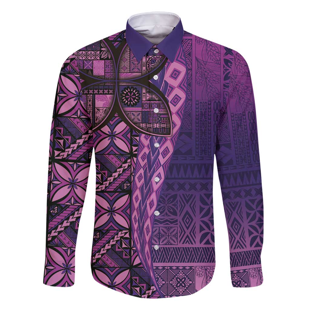 Samoan Pacific Tribal Flower Geometric Art Tattoos Family Matching Off Shoulder Short Dress and Hawaiian Shirt Siapo Pattern Purple Haze - Polynesian Pride
