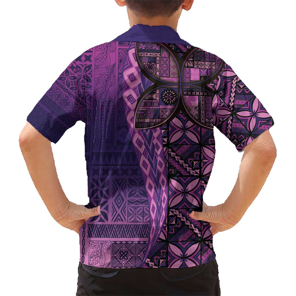 Samoan Pacific Tribal Flower Geometric Art Tattoos Family Matching Short Sleeve Bodycon Dress and Hawaiian Shirt Siapo Pattern Purple Haze - Polynesian Pride