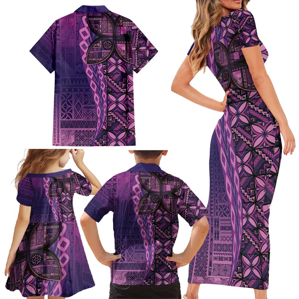 Samoan Pacific Tribal Flower Geometric Art Tattoos Family Matching Short Sleeve Bodycon Dress and Hawaiian Shirt Siapo Pattern Purple Haze - Polynesian Pride