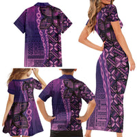 Samoan Pacific Tribal Flower Geometric Art Tattoos Family Matching Short Sleeve Bodycon Dress and Hawaiian Shirt Siapo Pattern Purple Haze - Polynesian Pride