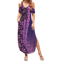 Samoan Pacific Tribal Flower Geometric Art Tattoos Family Matching Summer Maxi Dress and Hawaiian Shirt Siapo Pattern Purple Haze - Polynesian Pride