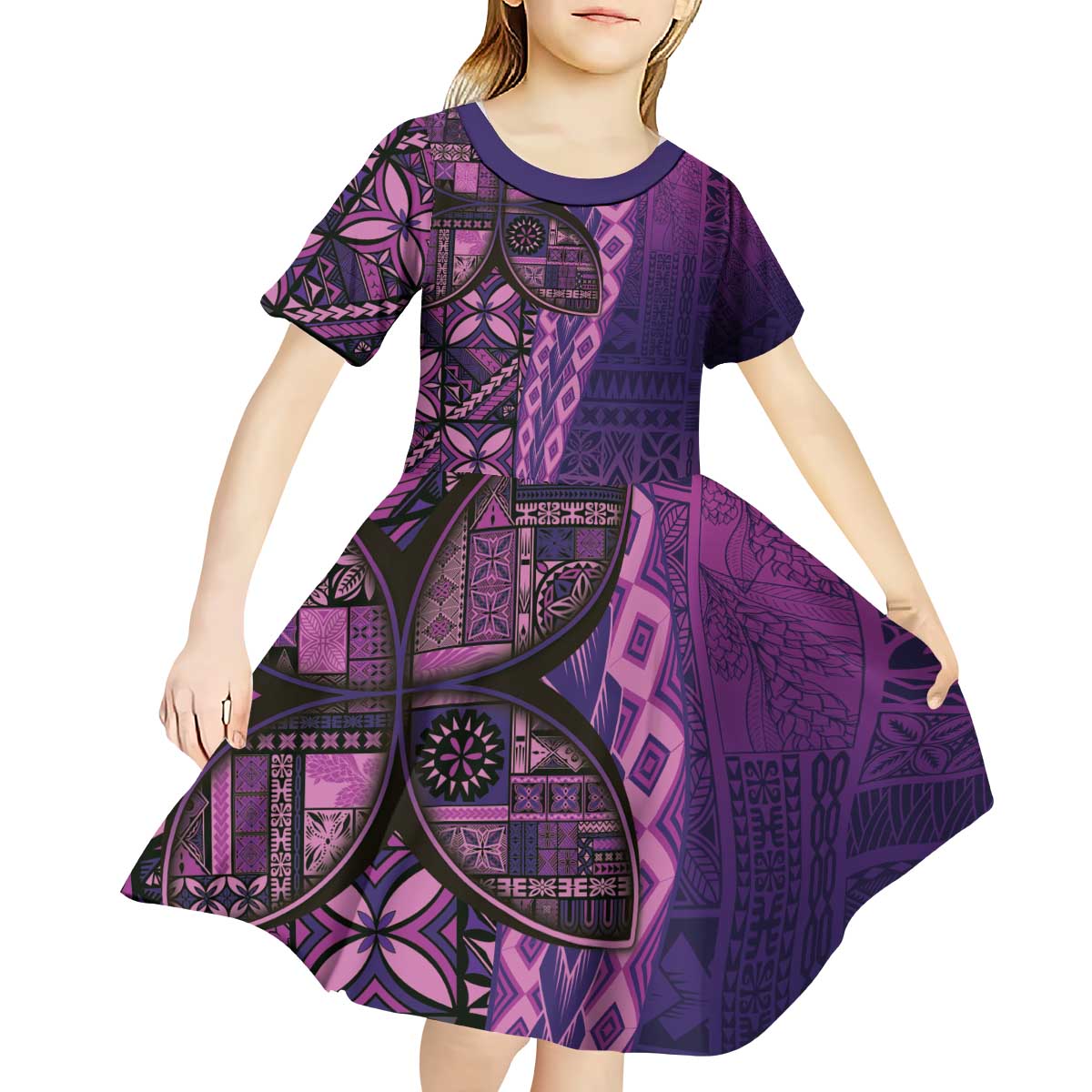 Samoan Pacific Tribal Flower Geometric Art Tattoos Kid Short Sleeve Dress Siapo Pattern Purple Haze LT03 - Polynesian Pride