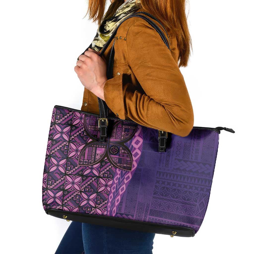 Samoan Pacific Tribal Flower Geometric Art Tattoos Leather Tote Bag Siapo Pattern Purple Haze - Polynesian Pride