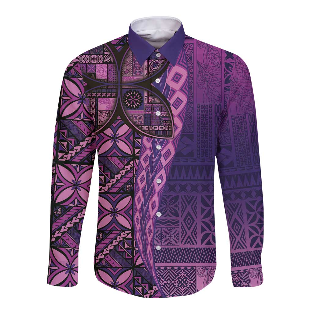 Samoan Pacific Tribal Flower Geometric Art Tattoos Long Sleeve Button Shirt Siapo Pattern Purple Haze - Polynesian Pride