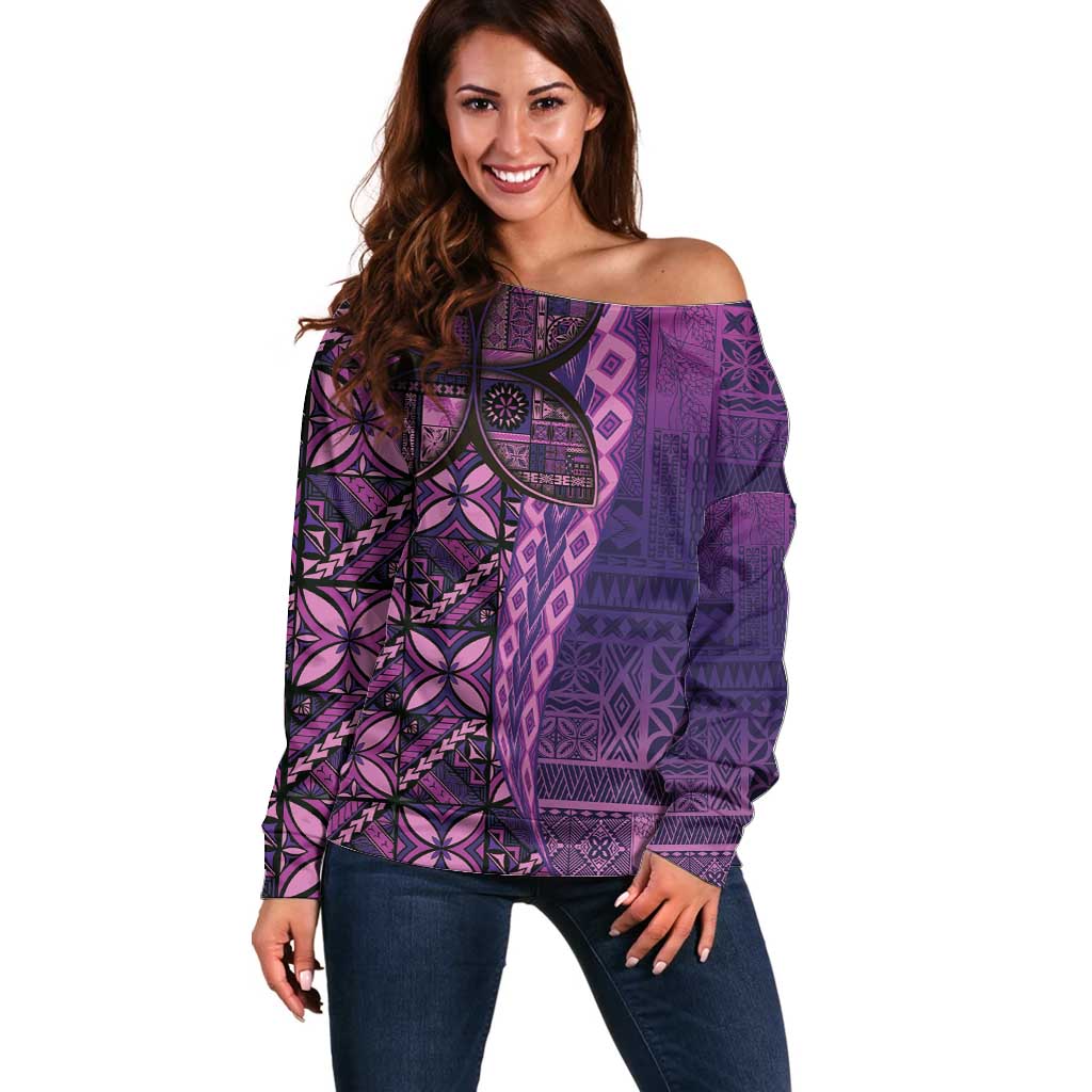 Samoan Pacific Tribal Flower Geometric Art Tattoos Off Shoulder Sweater Siapo Pattern Purple Haze - Polynesian Pride