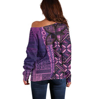 Samoan Pacific Tribal Flower Geometric Art Tattoos Off Shoulder Sweater Siapo Pattern Purple Haze - Polynesian Pride