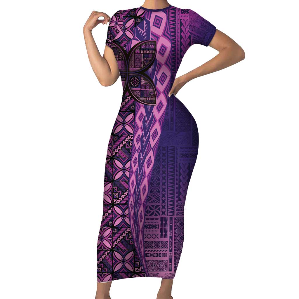 Samoan Pacific Tribal Flower Geometric Art Tattoos Short Sleeve Bodycon Dress Siapo Pattern Purple Haze - Polynesian Pride