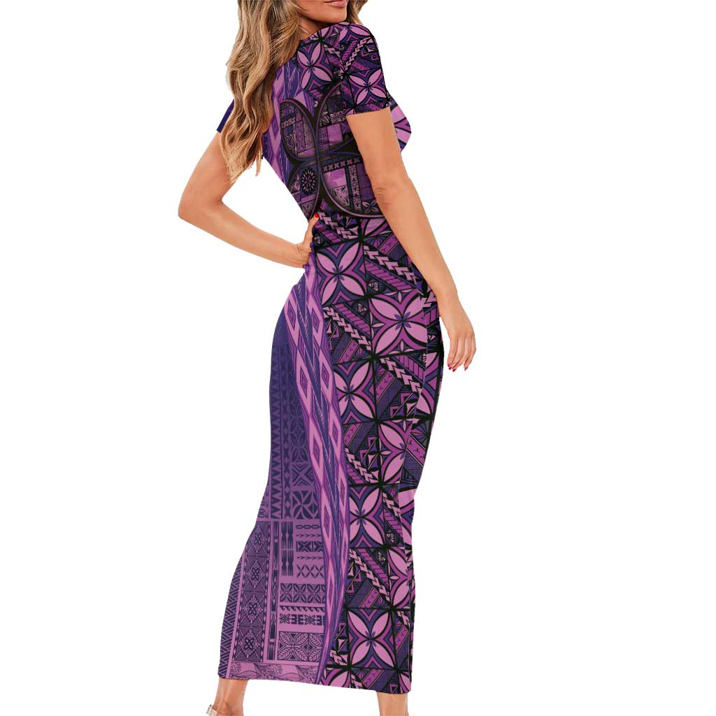 Samoan Pacific Tribal Flower Geometric Art Tattoos Short Sleeve Bodycon Dress Siapo Pattern Purple Haze - Polynesian Pride