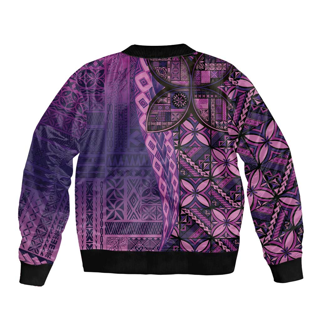Samoan Pacific Tribal Flower Geometric Art Tattoos Sleeve Zip Bomber Jacket Siapo Pattern Purple Haze - Polynesian Pride