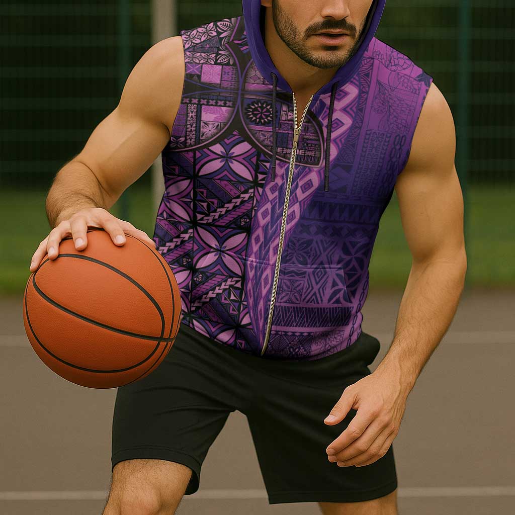 Samoan Pacific Tribal Flower Geometric Art Tattoos Sleeveless Zip Hoodie Siapo Pattern Purple Haze - Polynesian Pride