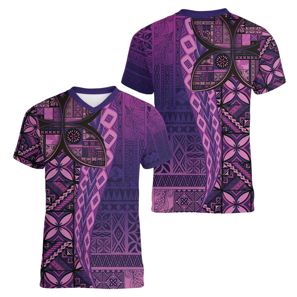 Samoan Pacific Tribal Flower Geometric Art Tattoos Women V-Neck T-Shirt Siapo Pattern Purple Haze - Polynesian Pride