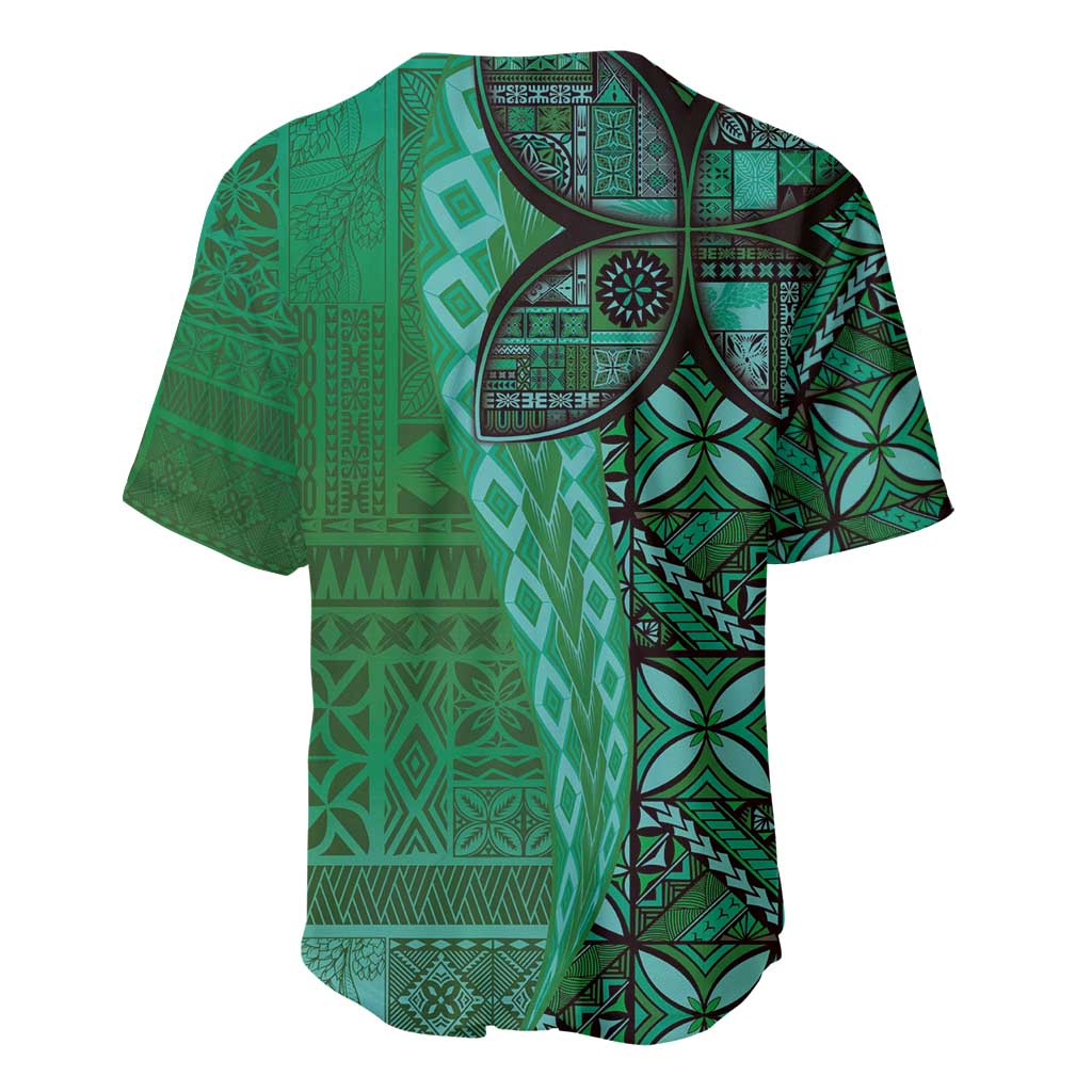 Samoan Pacific Tribal Flower Geometric Art Tattoos Baseball Jersey Siapo Pattern Emerald Glow - Polynesian Pride