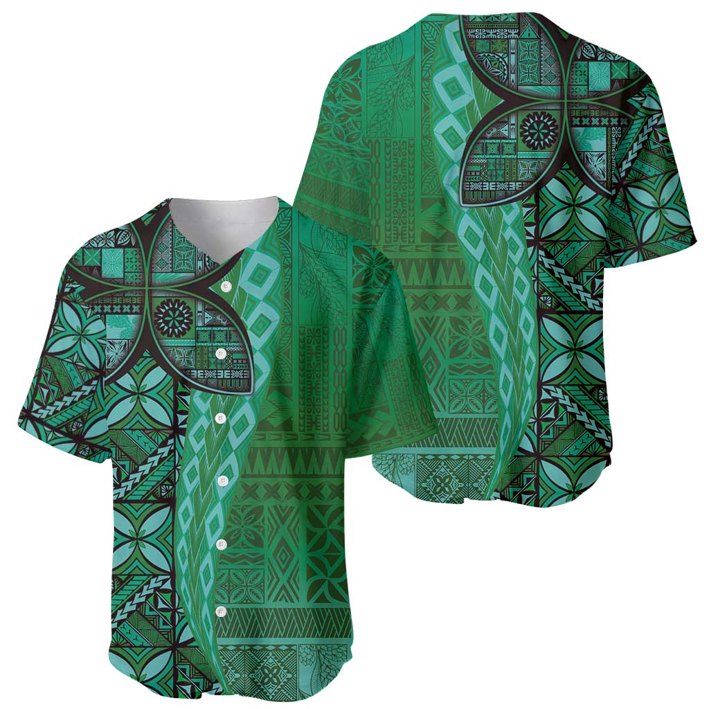 Samoan Pacific Tribal Flower Geometric Art Tattoos Baseball Jersey Siapo Pattern Emerald Glow - Polynesian Pride