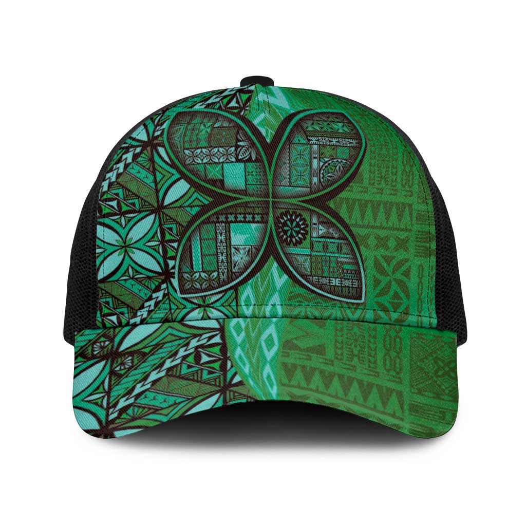 Samoan Pacific Tribal Flower Geometric Art Tattoos Baseball Net Cap Siapo Pattern Emerald Glow - Polynesian Pride