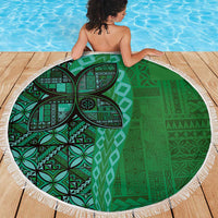 Samoan Pacific Tribal Flower Geometric Art Tattoos Beach Blanket Siapo Pattern Emerald Glow - Polynesian Pride
