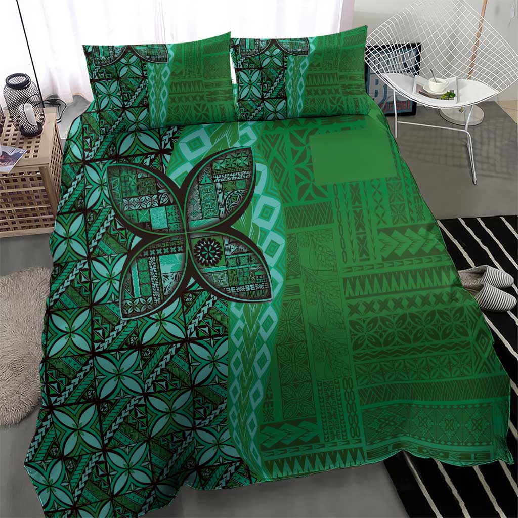 Samoan Pacific Tribal Flower Geometric Art Tattoos Bedding Set Siapo Pattern Emerald Glow - Polynesian Pride