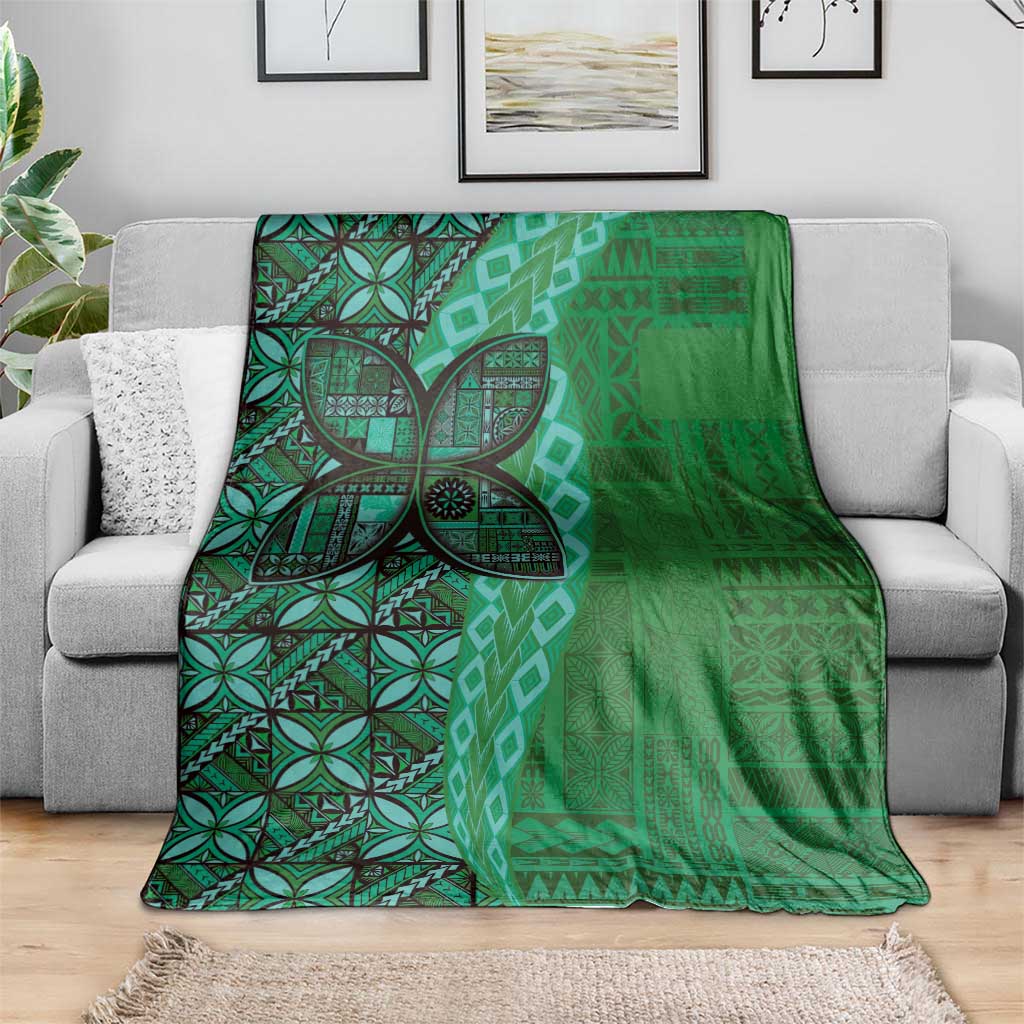 Samoan Pacific Tribal Flower Geometric Art Tattoos Blanket Siapo Pattern Emerald Glow - Polynesian Pride