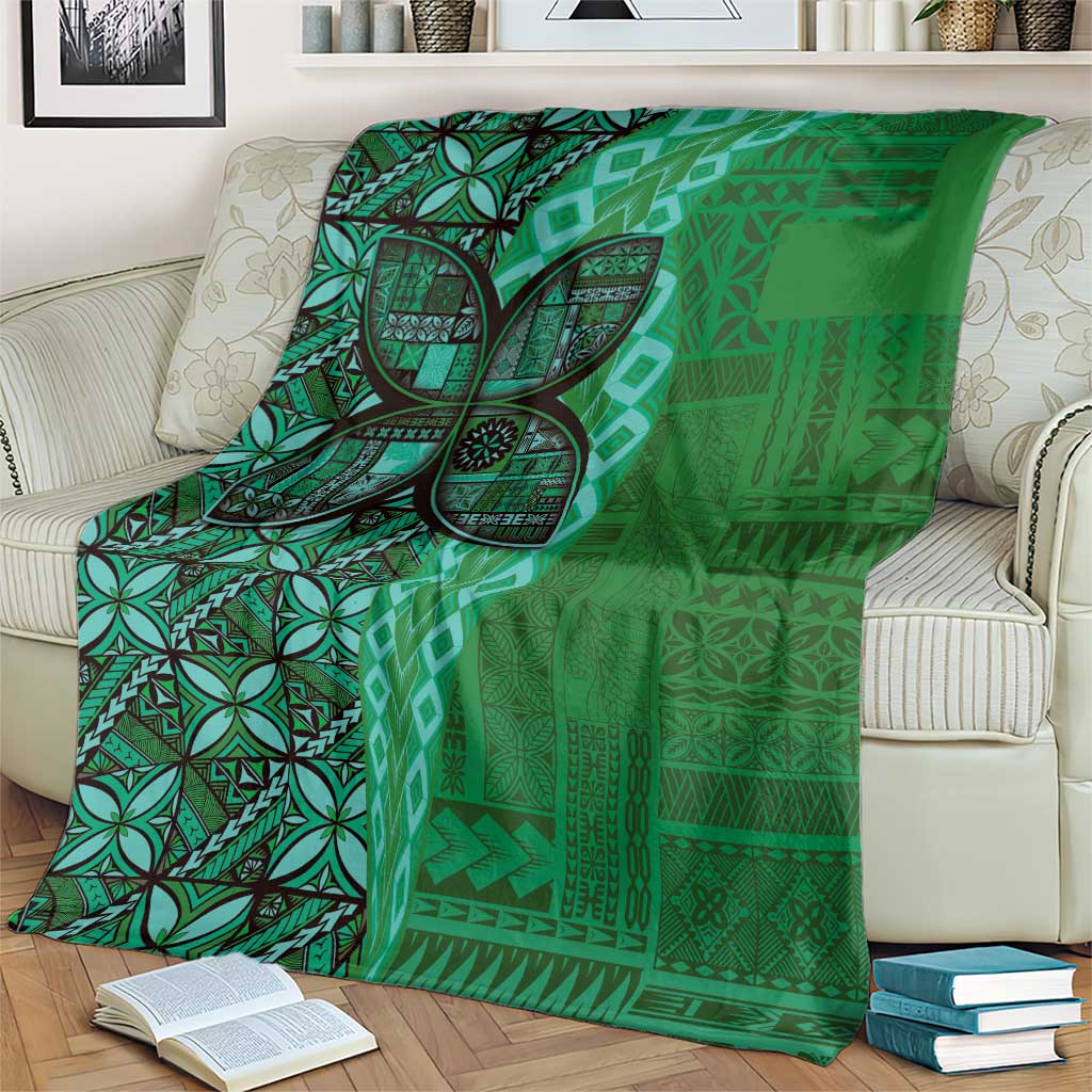 Samoan Pacific Tribal Flower Geometric Art Tattoos Blanket Siapo Pattern Emerald Glow - Polynesian Pride