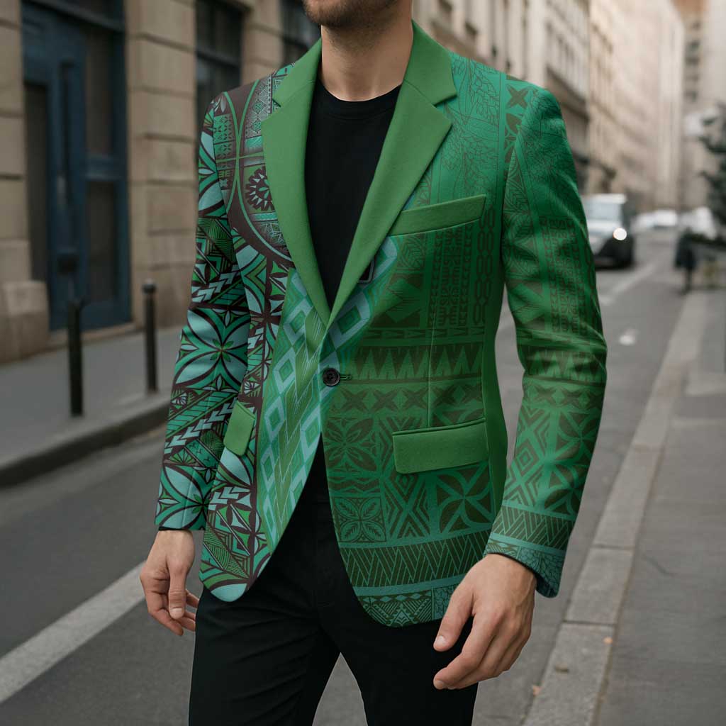Samoan Pacific Tribal Flower Geometric Art Tattoos Blazer Siapo Pattern Emerald Glow - Polynesian Pride