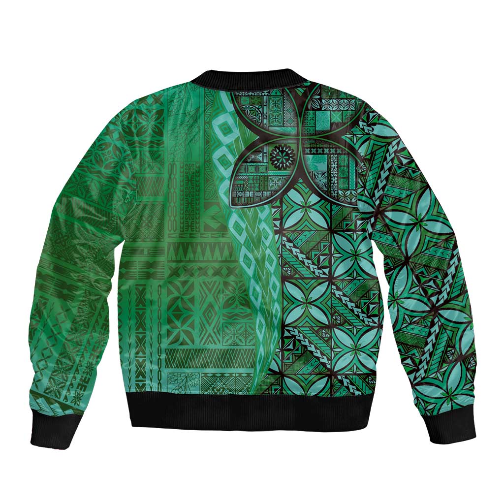 Samoan Pacific Tribal Flower Geometric Art Tattoos Bomber Jacket Siapo Pattern Emerald Glow - Polynesian Pride