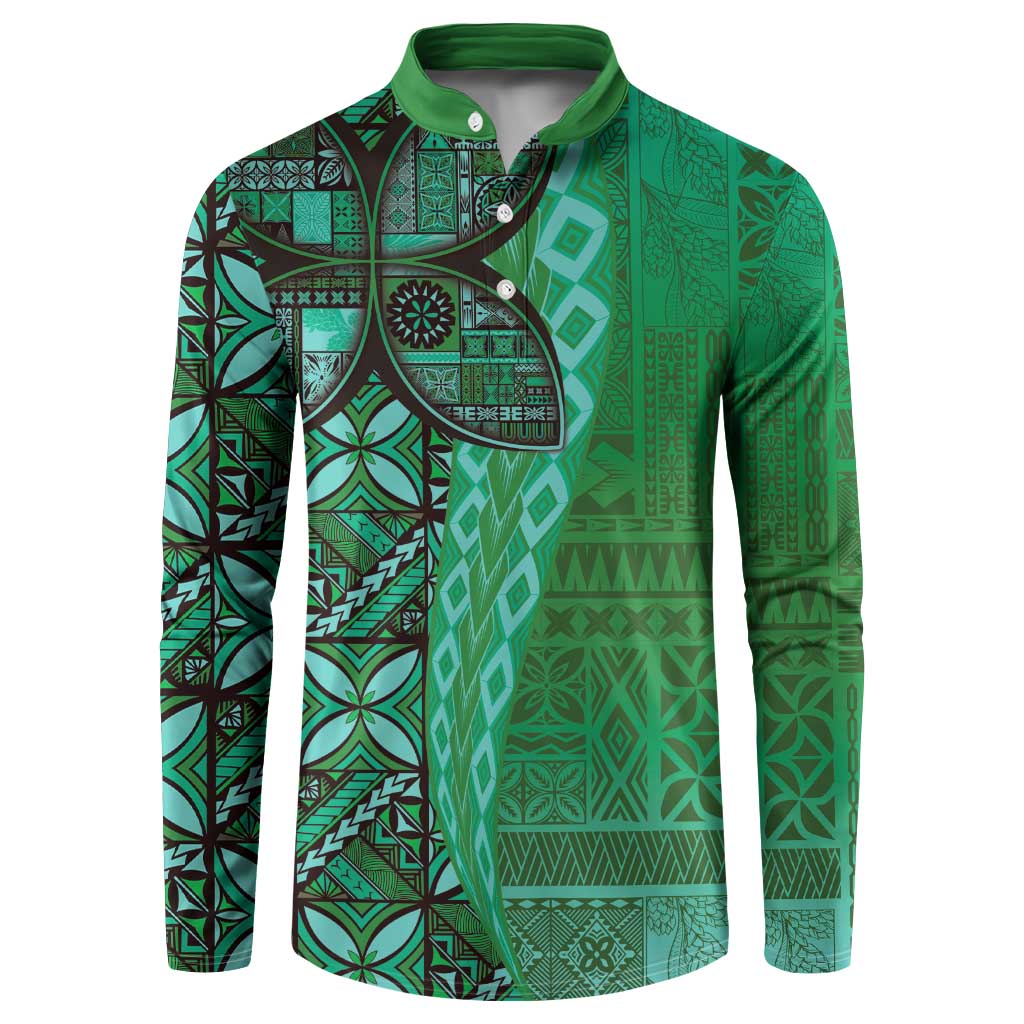 Samoan Pacific Tribal Flower Geometric Art Tattoos Button Sweatshirt Siapo Pattern Emerald Glow - Polynesian Pride