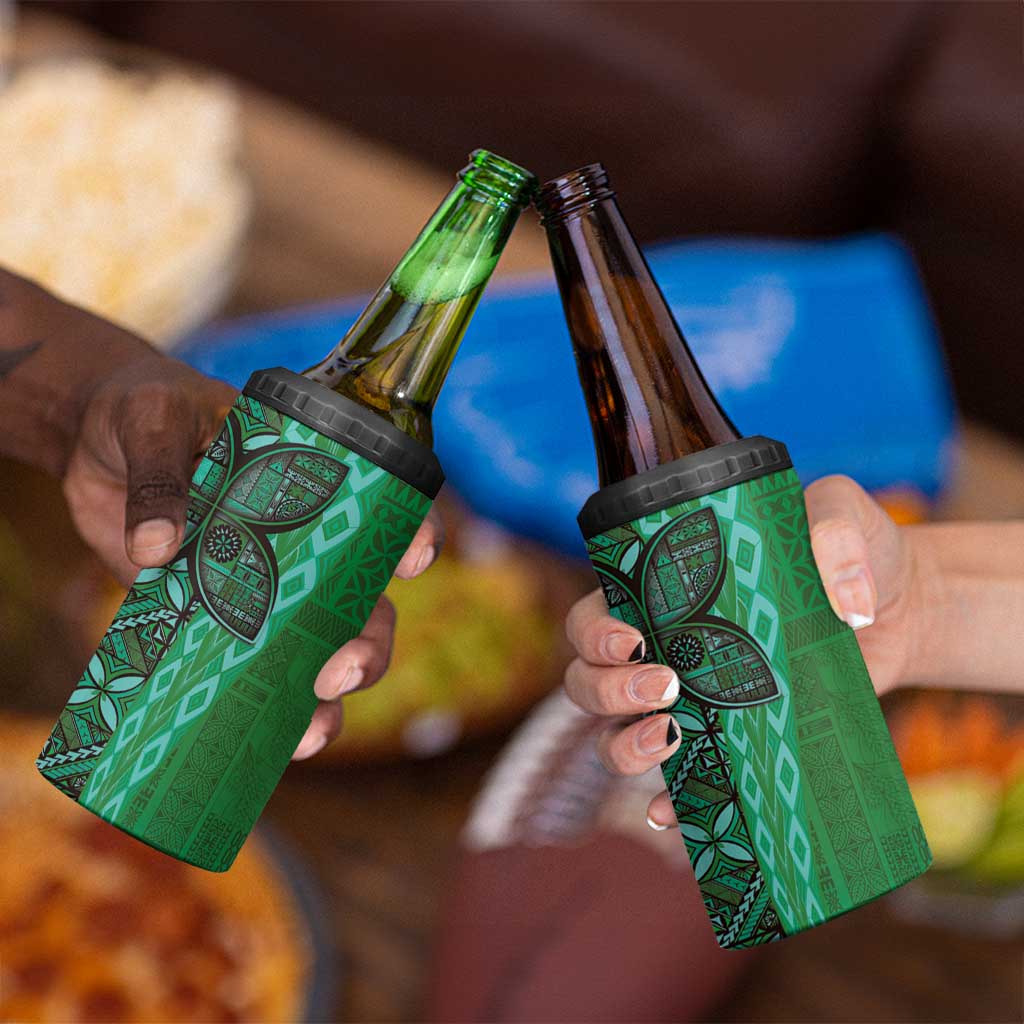 Samoan Pacific Tribal Flower Geometric Art Tattoos 4 in 1 Can Cooler Tumbler Siapo Pattern Emerald Glow - Polynesian Pride