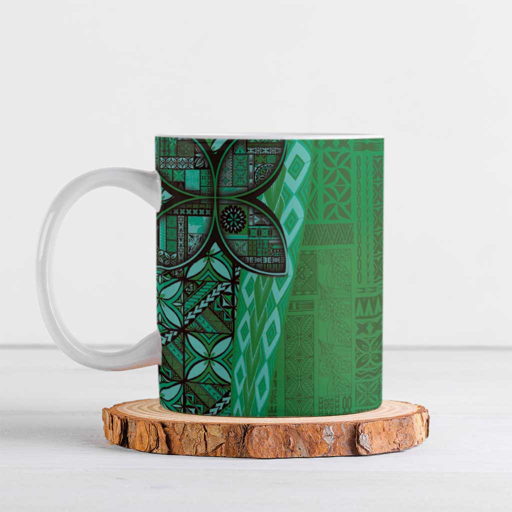 Samoan Pacific Tribal Flower Geometric Art Tattoos Ceramic Mug Siapo Pattern Emerald Glow - Polynesian Pride