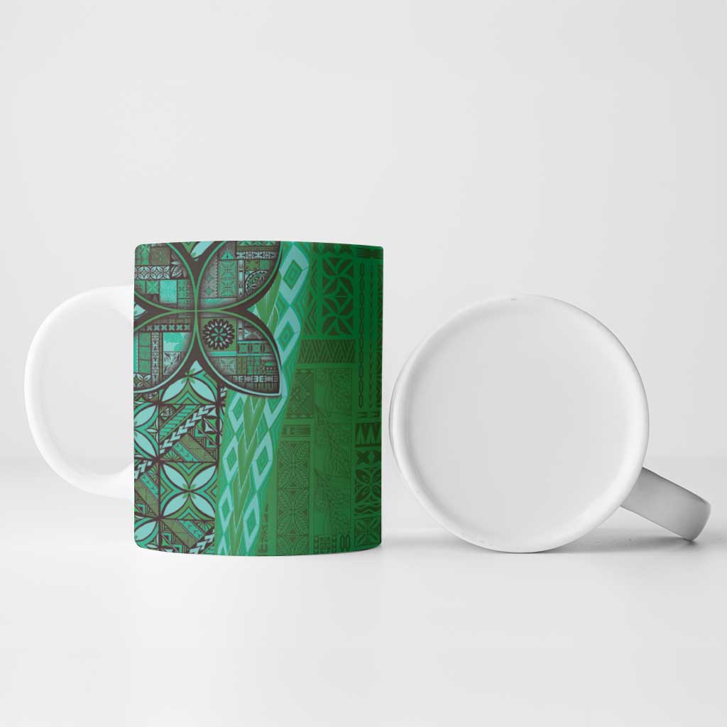 Samoan Pacific Tribal Flower Geometric Art Tattoos Ceramic Mug Siapo Pattern Emerald Glow - Polynesian Pride