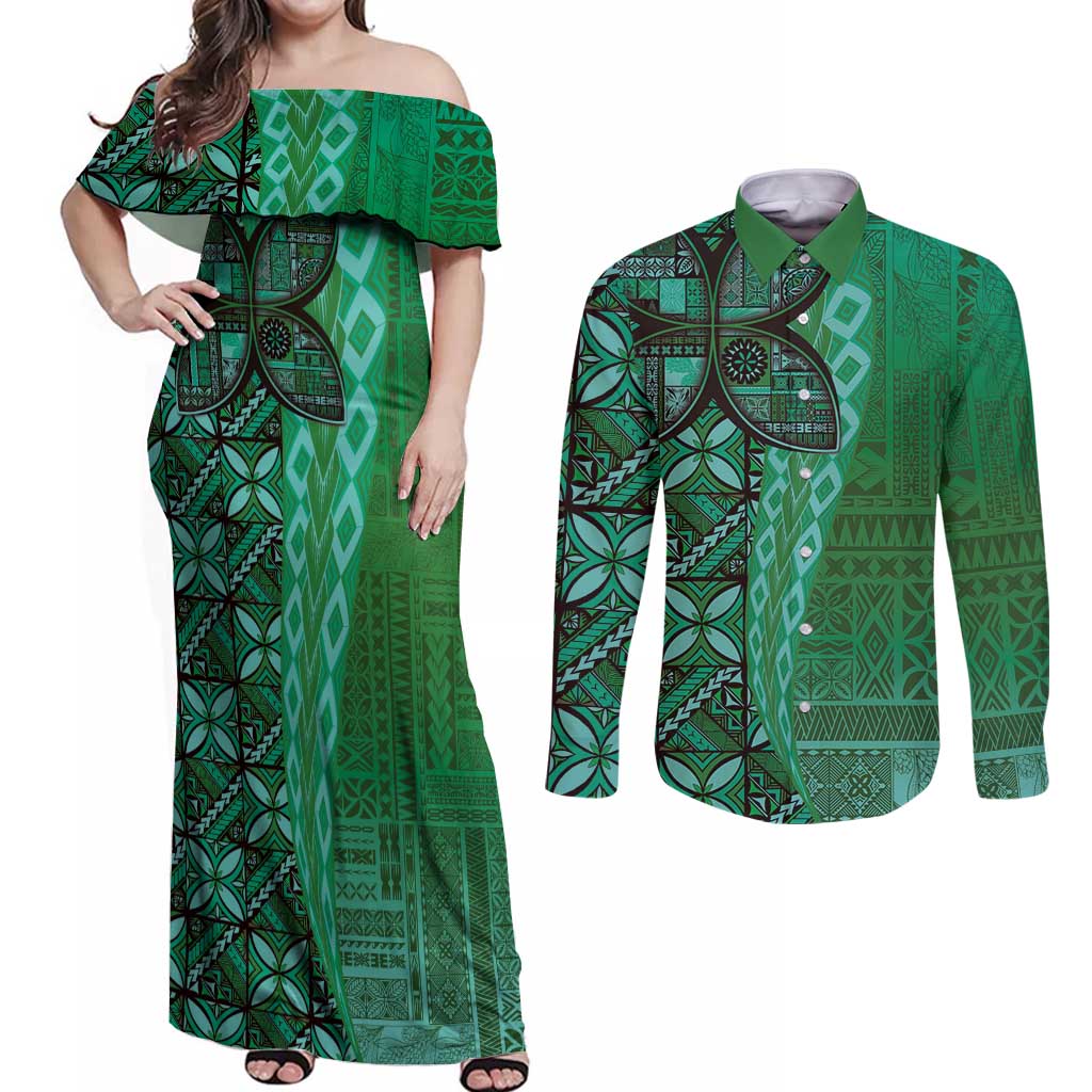 Samoan Pacific Tribal Flower Geometric Art Tattoos Couples Matching Off Shoulder Maxi Dress and Long Sleeve Button Shirt Siapo Pattern Emerald Glow - Polynesian Pride