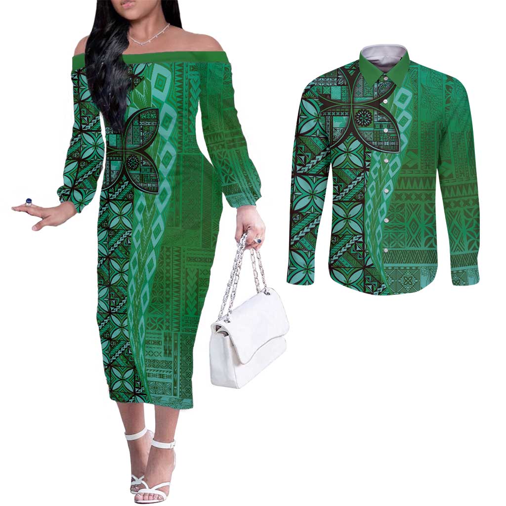 Samoan Pacific Tribal Flower Geometric Art Tattoos Couples Matching Off The Shoulder Long Sleeve Dress and Long Sleeve Button Shirt Siapo Pattern Emerald Glow - Polynesian Pride