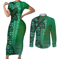 Samoan Pacific Tribal Flower Geometric Art Tattoos Couples Matching Short Sleeve Bodycon Dress and Long Sleeve Button Shirt Siapo Pattern Emerald Glow - Polynesian Pride