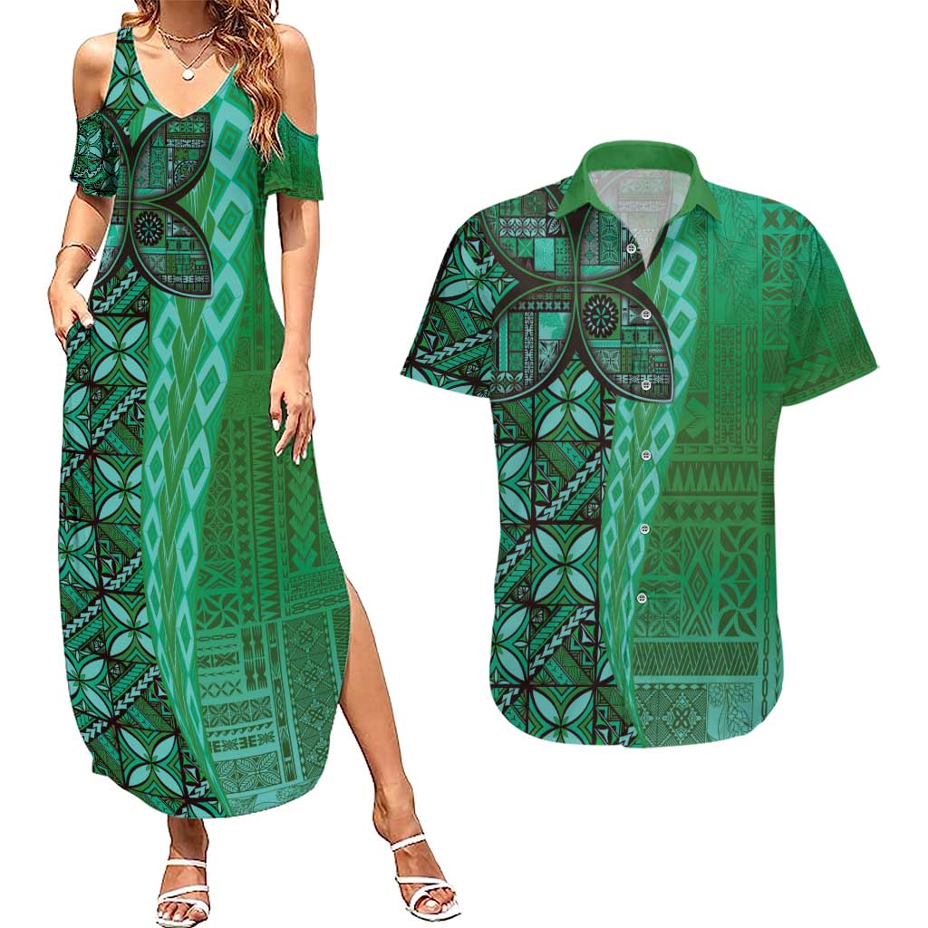 Samoan Pacific Tribal Flower Geometric Art Tattoos Couples Matching Summer Maxi Dress and Hawaiian Shirt Siapo Pattern Emerald Glow - Polynesian Pride