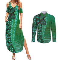 Samoan Pacific Tribal Flower Geometric Art Tattoos Couples Matching Summer Maxi Dress and Long Sleeve Button Shirt Siapo Pattern Emerald Glow - Polynesian Pride