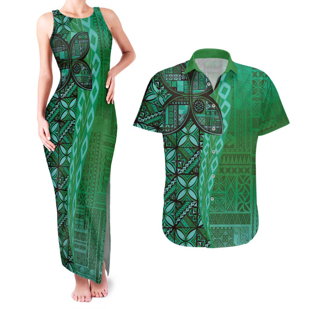 Samoan Pacific Tribal Flower Geometric Art Tattoos Couples Matching Tank Maxi Dress and Hawaiian Shirt Siapo Pattern Emerald Glow - Polynesian Pride