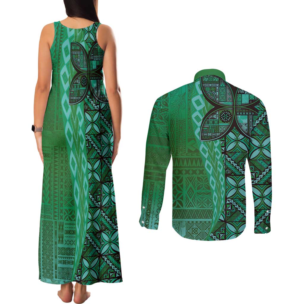 Samoan Pacific Tribal Flower Geometric Art Tattoos Couples Matching Tank Maxi Dress and Long Sleeve Button Shirt Siapo Pattern Emerald Glow - Polynesian Pride