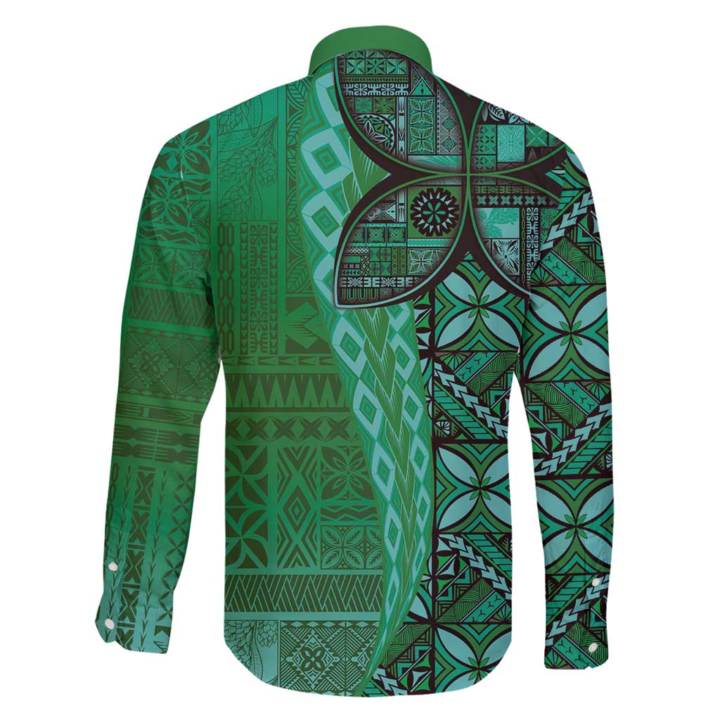 Samoan Pacific Tribal Flower Geometric Art Tattoos Family Matching Long Sleeve Bodycon Dress and Hawaiian Shirt Siapo Pattern Emerald Glow - Polynesian Pride