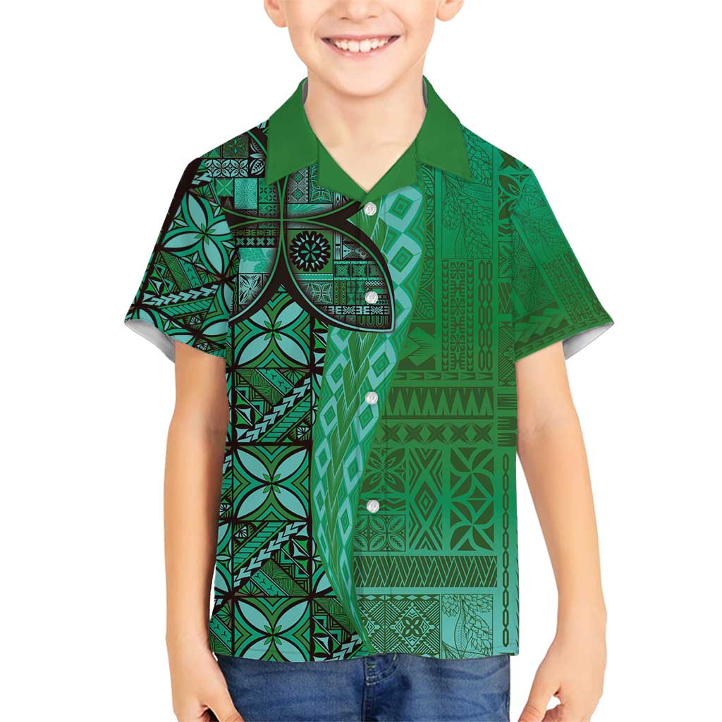 Samoan Pacific Tribal Flower Geometric Art Tattoos Family Matching Long Sleeve Bodycon Dress and Hawaiian Shirt Siapo Pattern Emerald Glow - Polynesian Pride