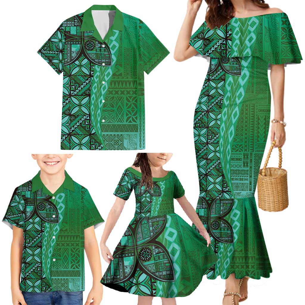 Samoan Pacific Tribal Flower Geometric Art Tattoos Family Matching Mermaid Dress and Hawaiian Shirt Siapo Pattern Emerald Glow - Polynesian Pride