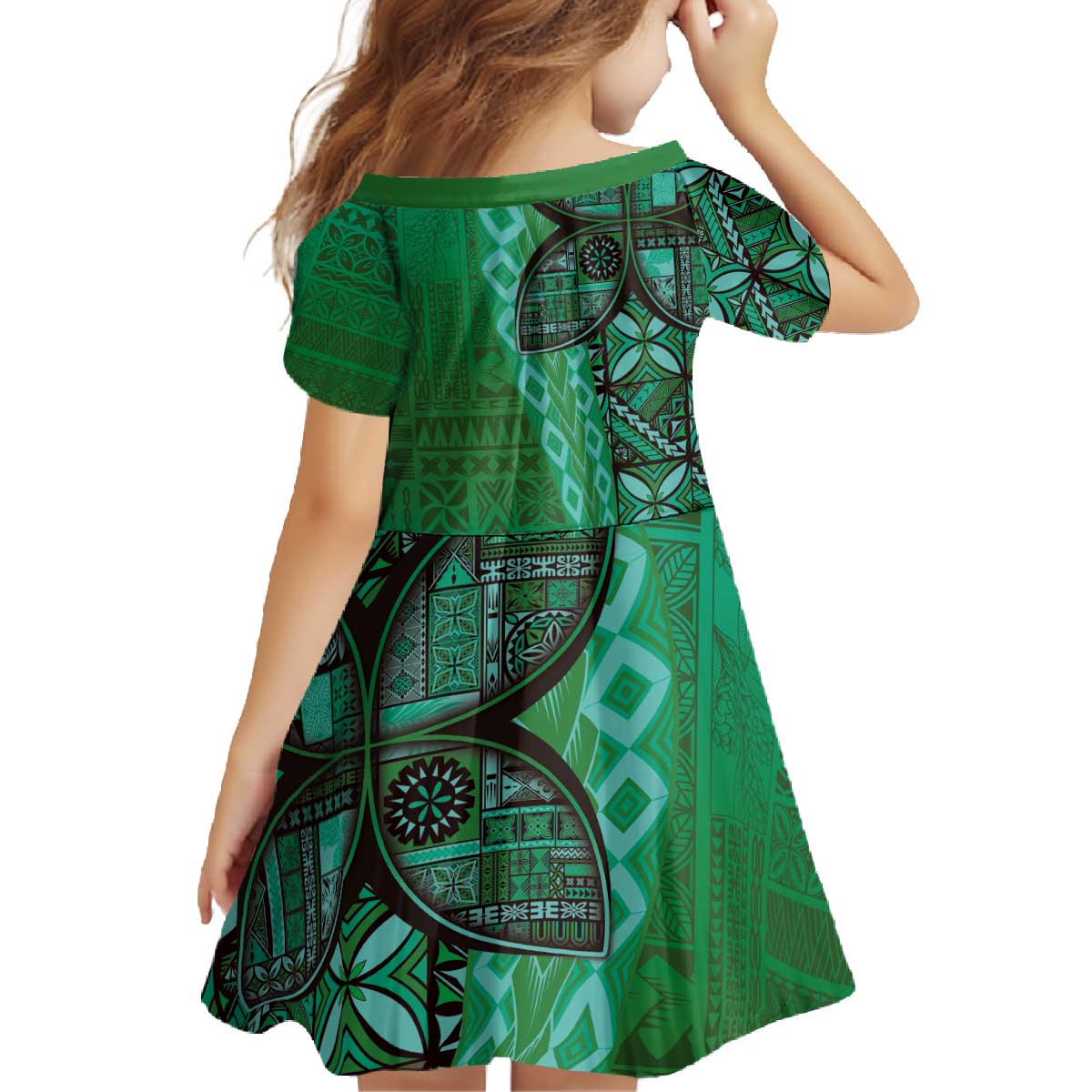 Samoan Pacific Tribal Flower Geometric Art Tattoos Family Matching Off The Shoulder Long Sleeve Dress and Hawaiian Shirt Siapo Pattern Emerald Glow - Polynesian Pride