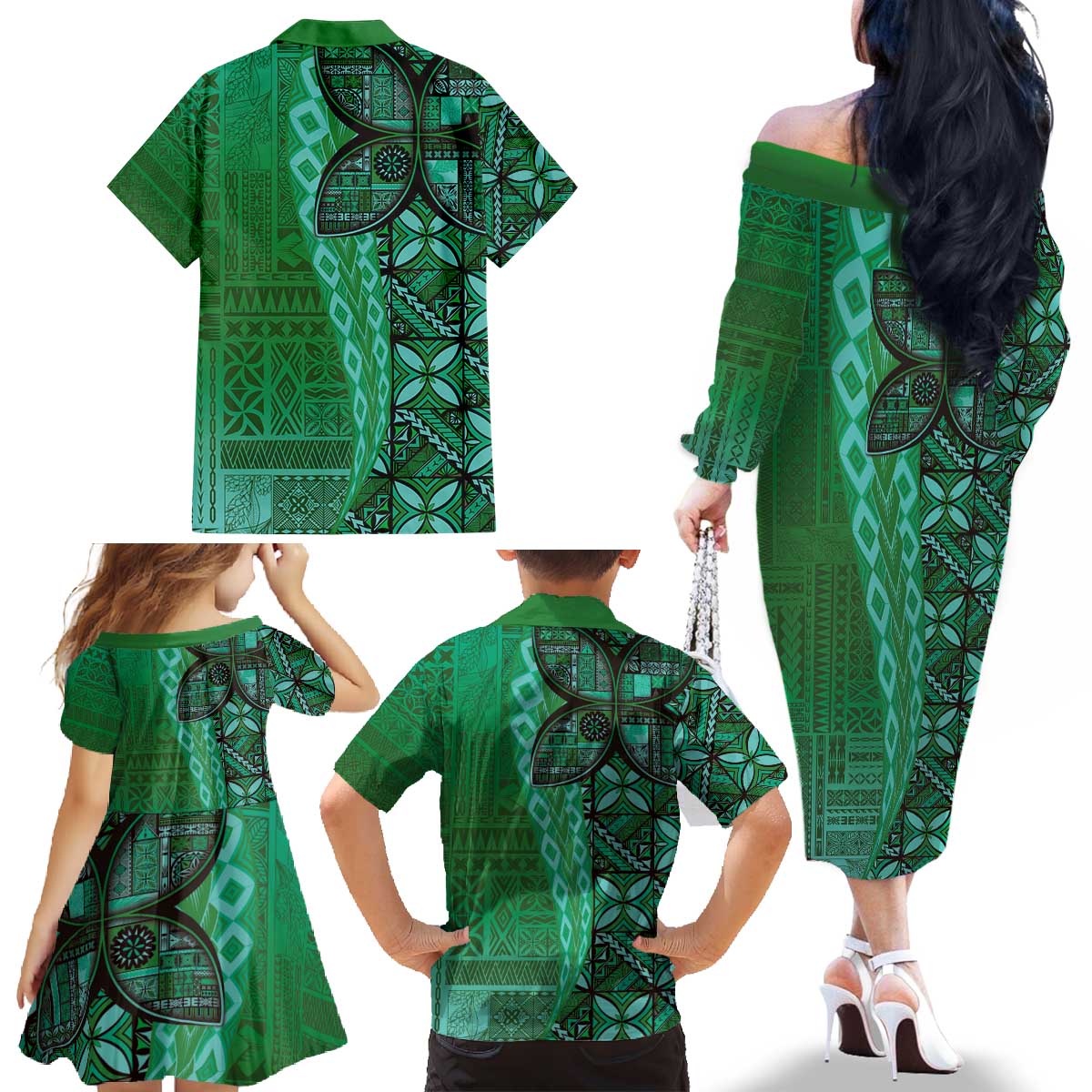 Samoan Pacific Tribal Flower Geometric Art Tattoos Family Matching Off The Shoulder Long Sleeve Dress and Hawaiian Shirt Siapo Pattern Emerald Glow - Polynesian Pride