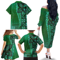 Samoan Pacific Tribal Flower Geometric Art Tattoos Family Matching Off The Shoulder Long Sleeve Dress and Hawaiian Shirt Siapo Pattern Emerald Glow - Polynesian Pride